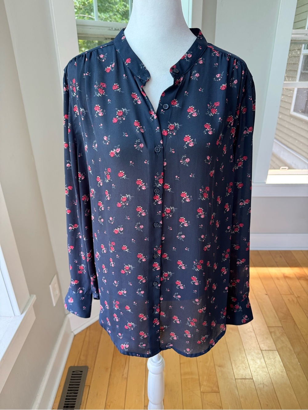 Faded Glory Navy Blue Pink Red Floral Sheer Button Down Blouse Shirt Top Large